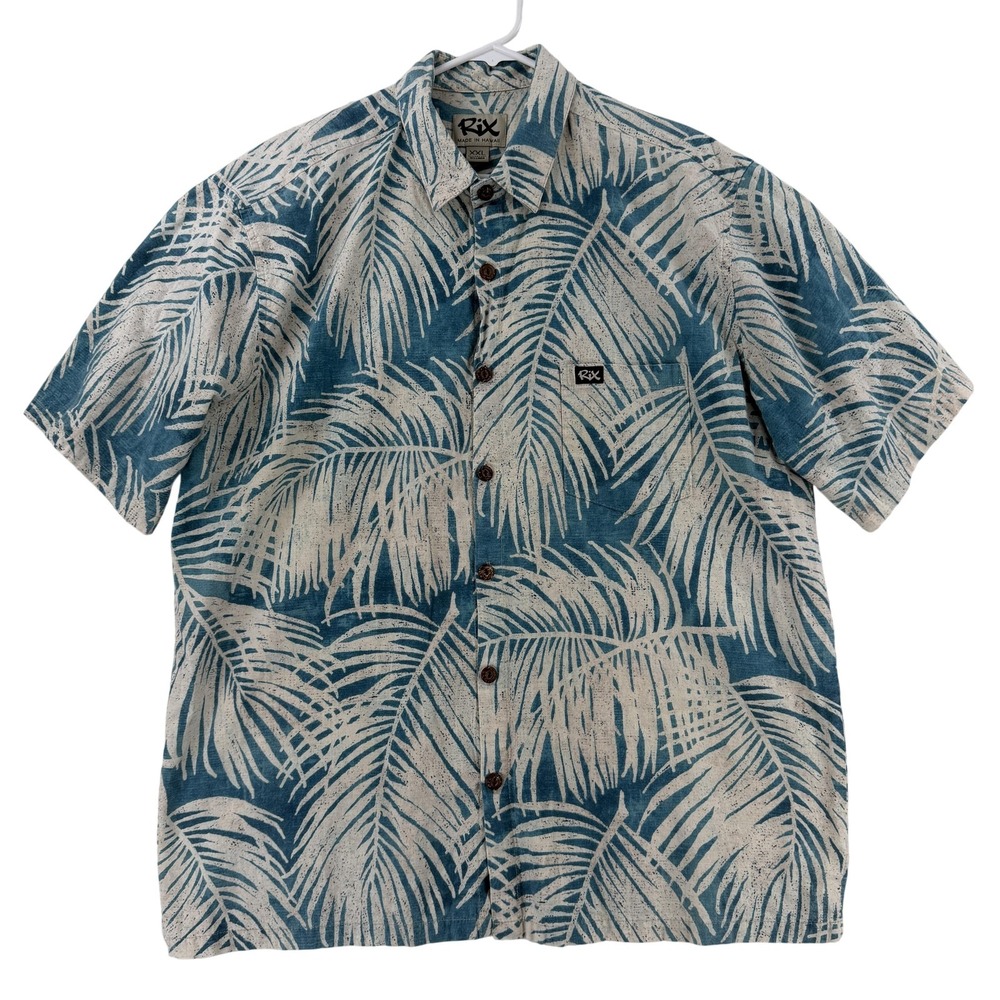 Rix Shirt Mens 2XL Blue Palm Leaf Hawaiian Short Sleeve Button Up Casual Aloha